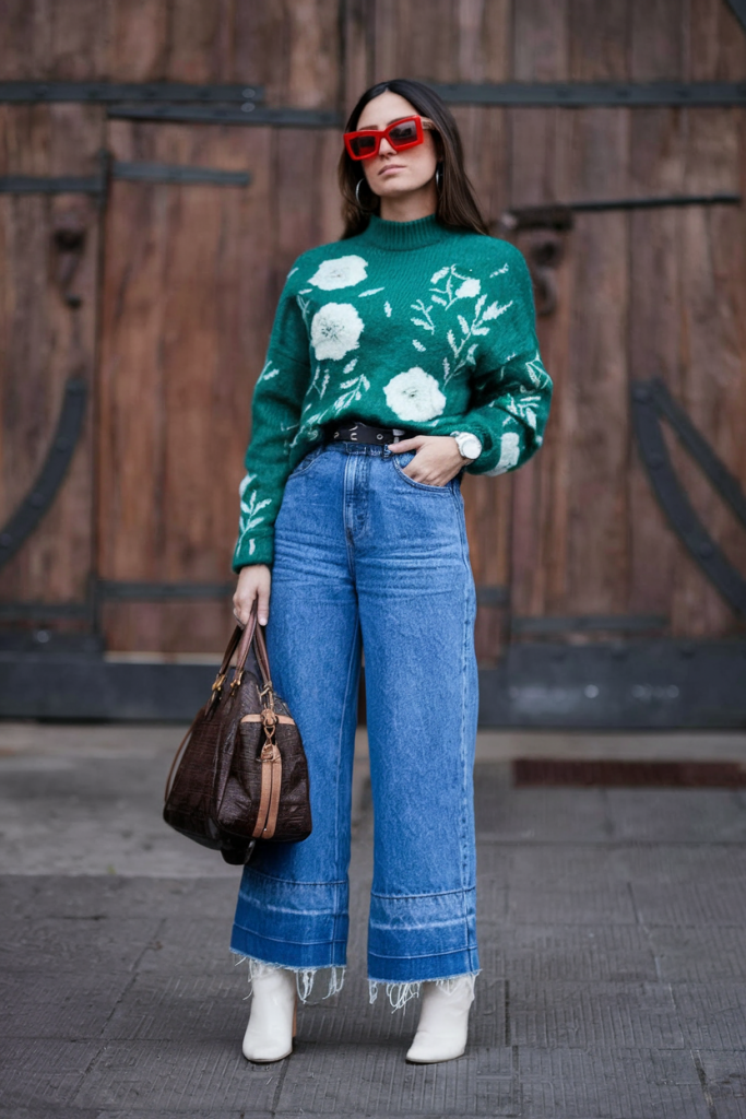 Green floral sweater with wide-leg denim