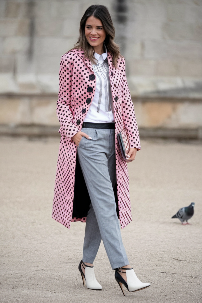 Pink polka-dot trench with plaid trousers