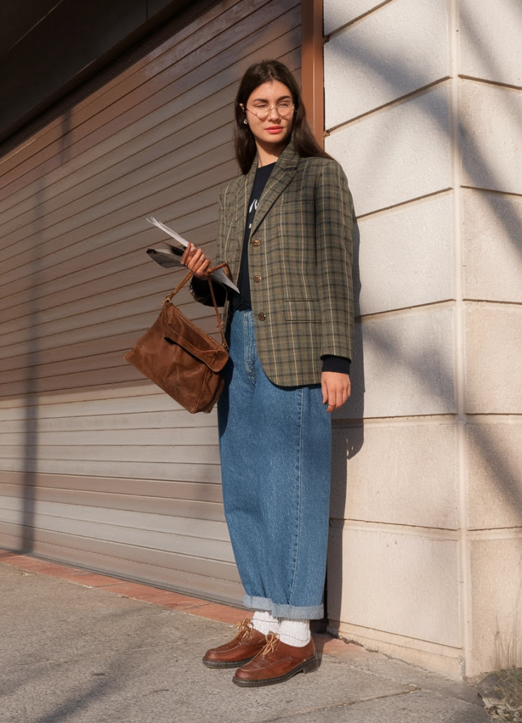 Plaid blazer over denim skirt