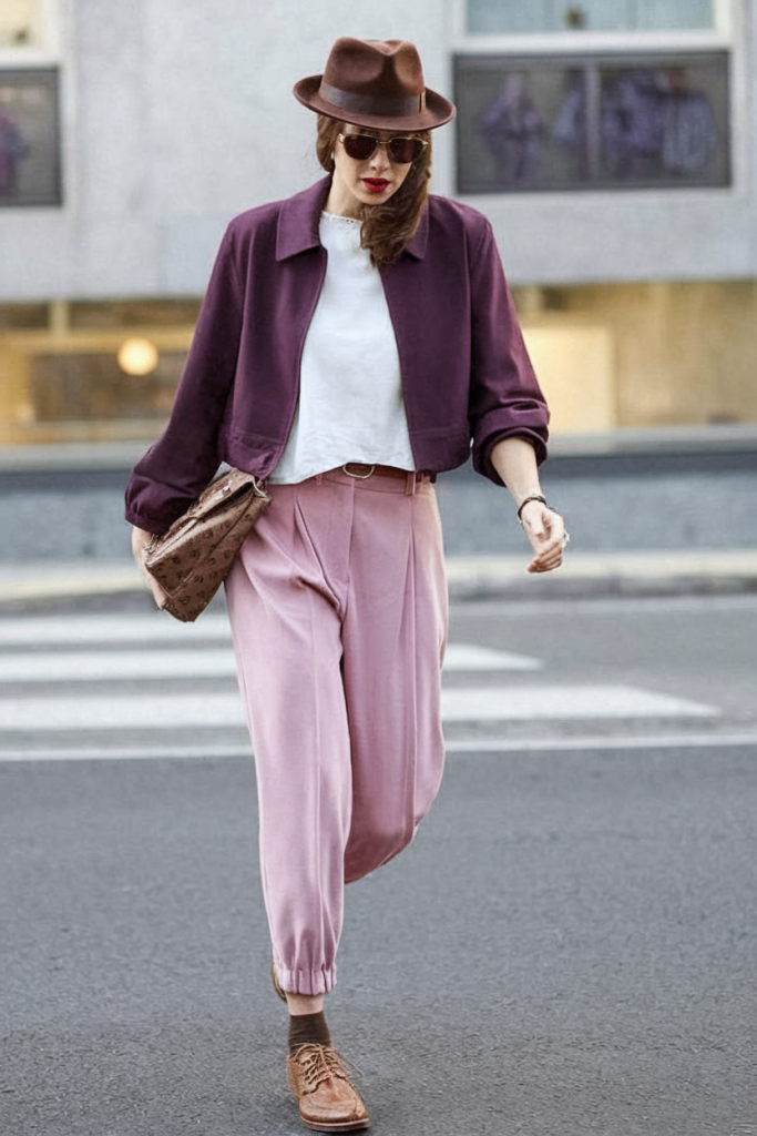 Burgundy jacket with dusty rose pants