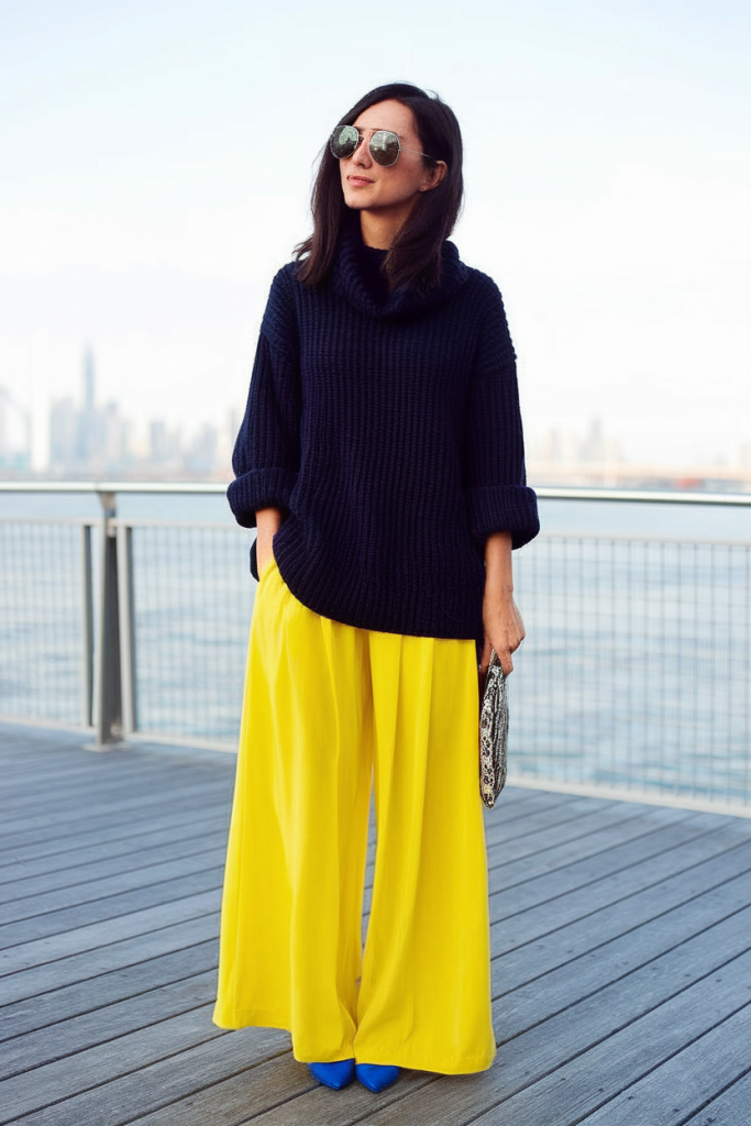 Bright yellow wide-leg pants with navy sweater