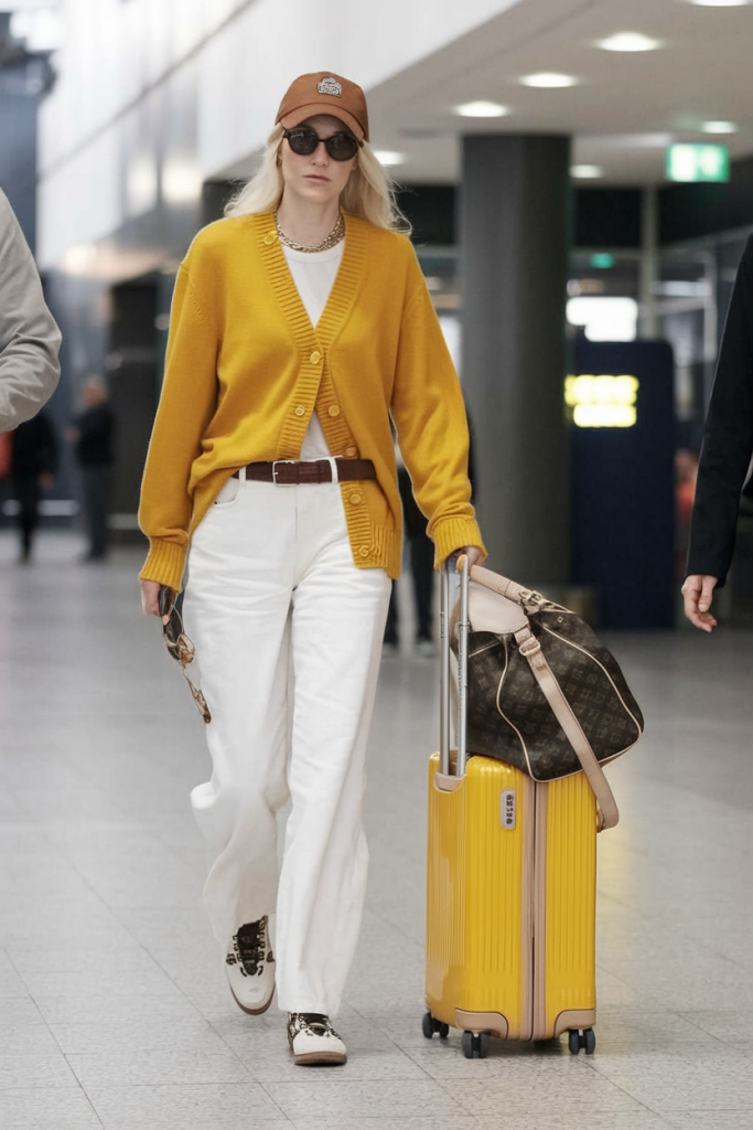 Mustard cardigan and white pants travel look