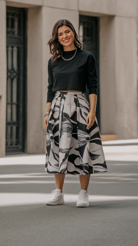 Graphic-print skirt and black top with sneakers
