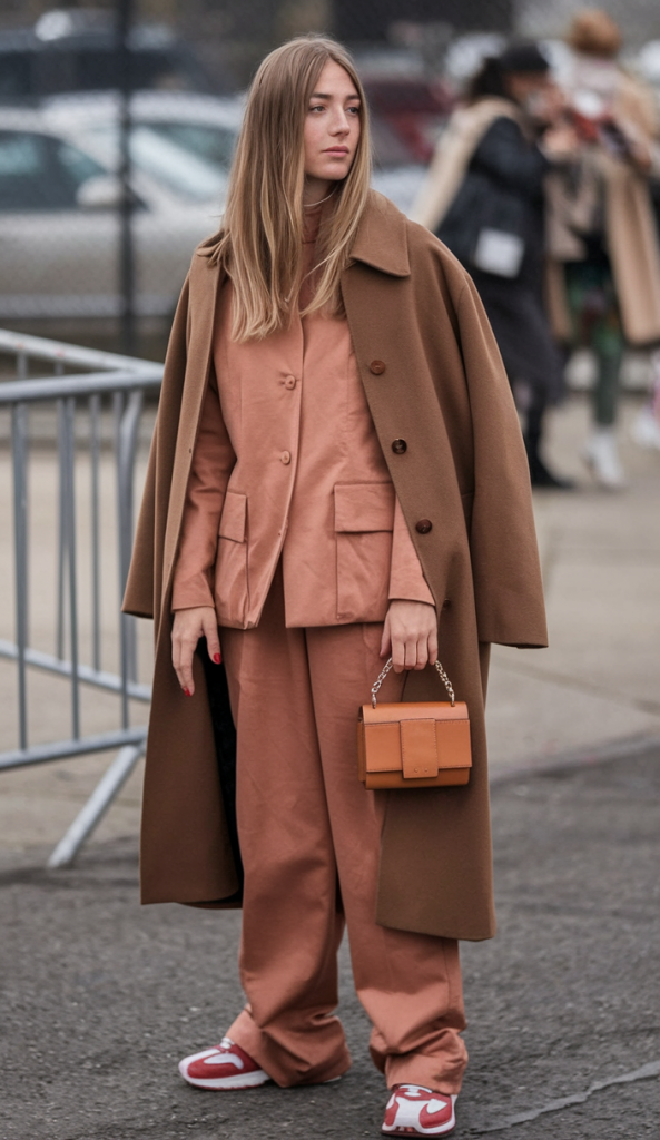Monochrome earth tone wide-leg suit with sneakers