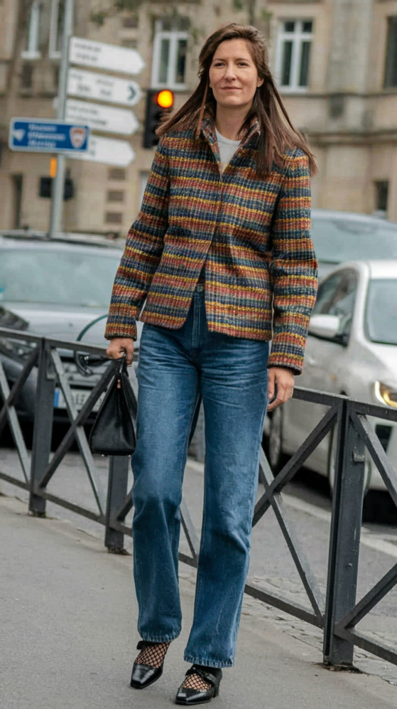 Tweed jacket with dark denim and black heels