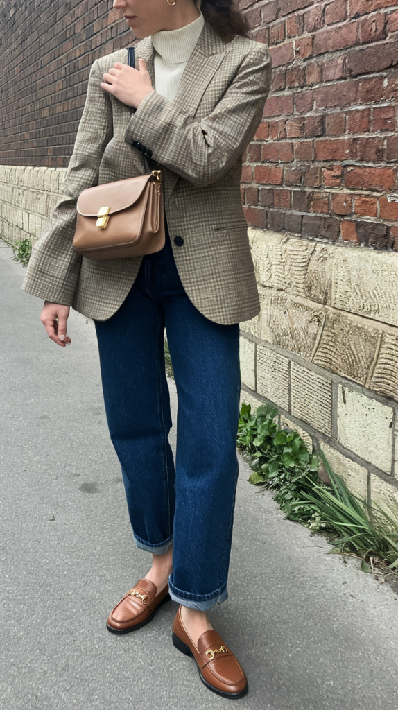 Houndstooth blazer with denim and loafers