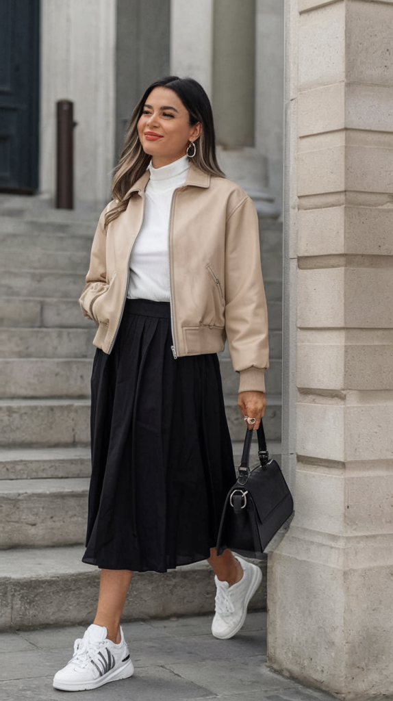 Neutral fall work outfit with bomber jacket and pleated skirt