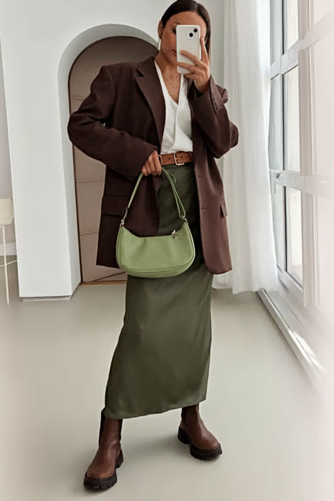 Earth tone layered outfit with olive skirt and brown jacket