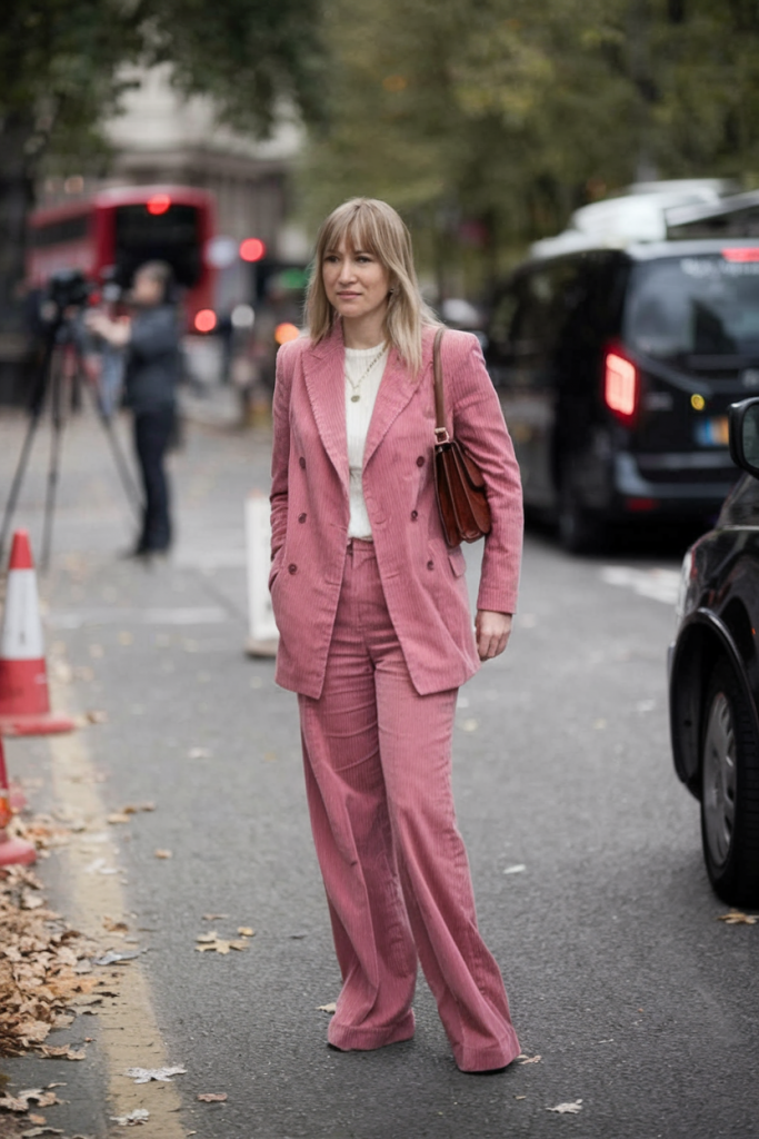 Pink corduroy suit styled casually