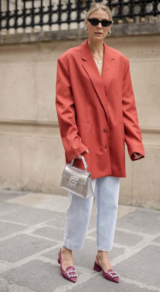 Bold colored blazer with vibrant heels
