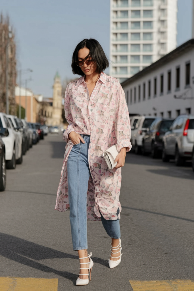 Floral shirtdress layered over jeans