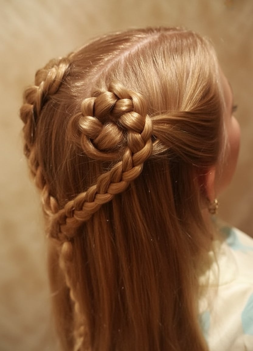 Braided heart rosette half-up hairstyle