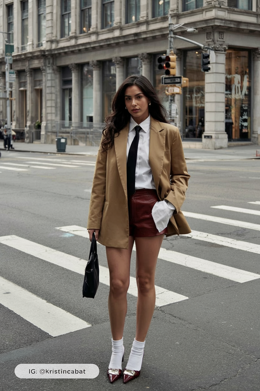 Tan Blazer with Leather Shorts