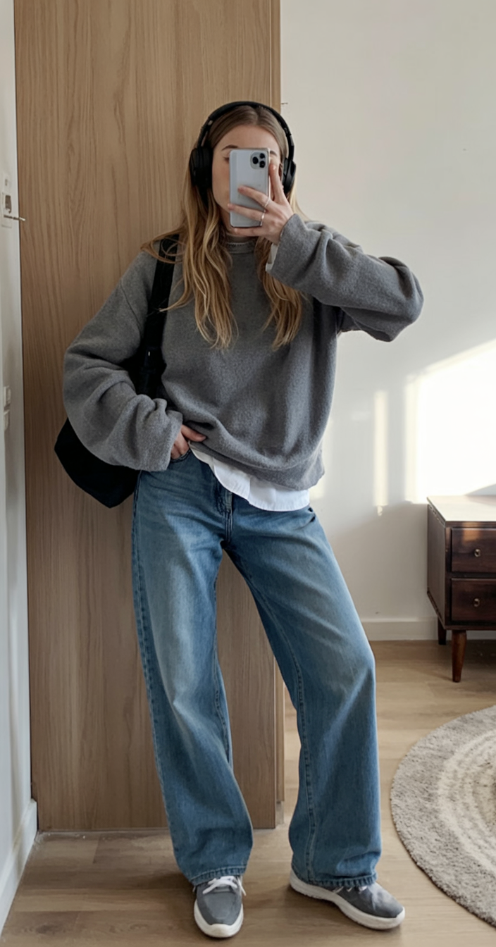gray sweatshirt with denim