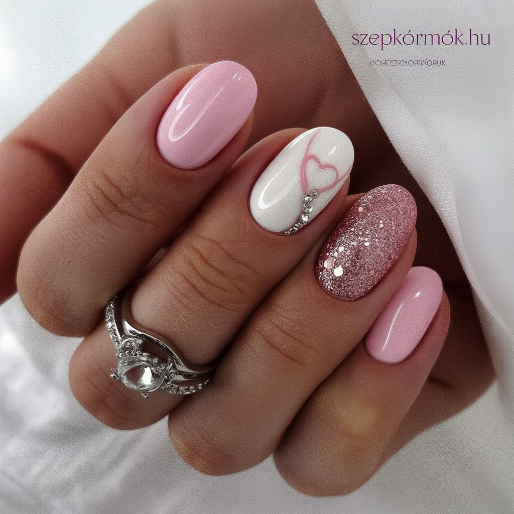 Oval Pink And White Heart Accent Nails