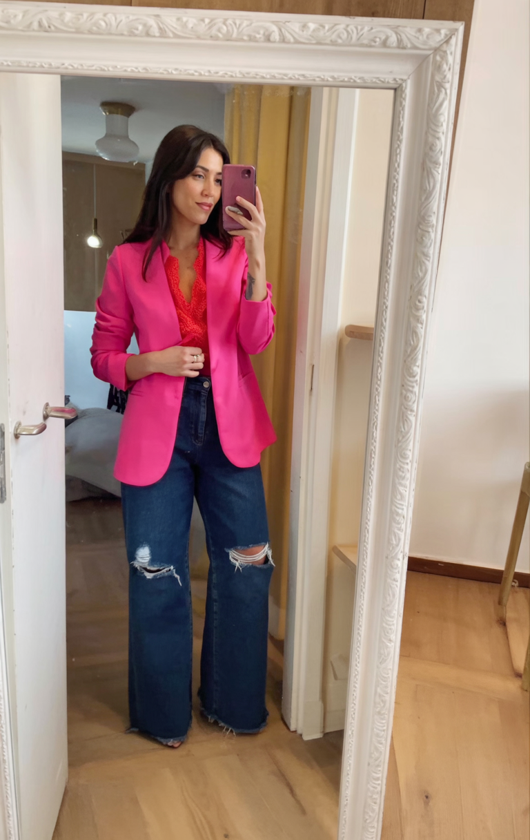 Pink Blazer with Distressed Jeans