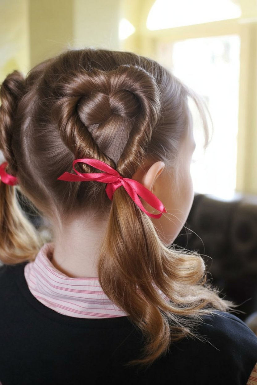 Ribbon tied heart twists hairstyle