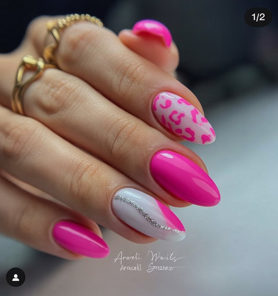 Hot Pink And White Almond Nails With Design