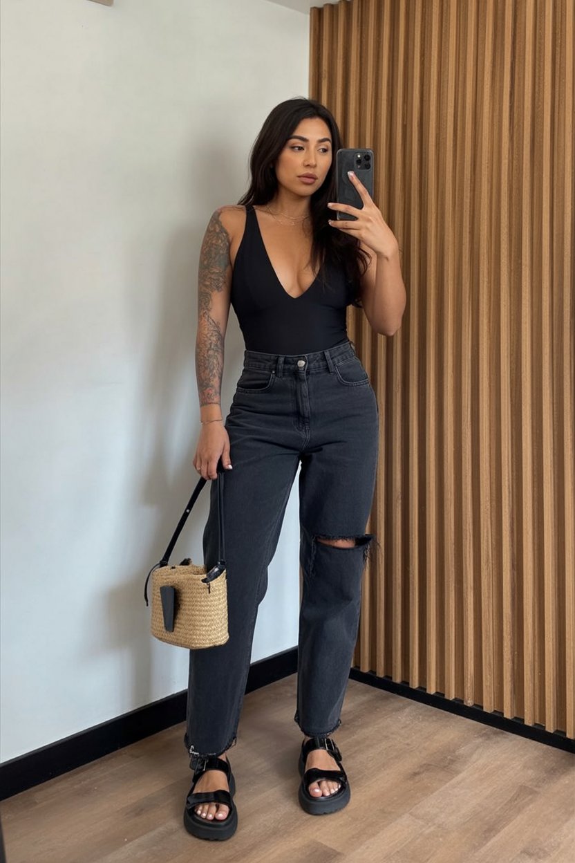 Black Deep V Bodysuit with Dark Denim