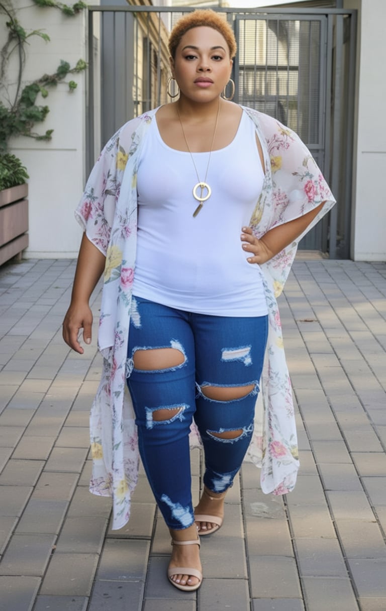 Sheer floral kimono with ripped jeans
