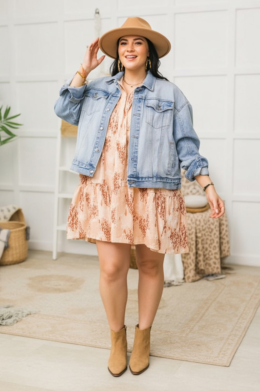 Denim jacket with boho mini dress