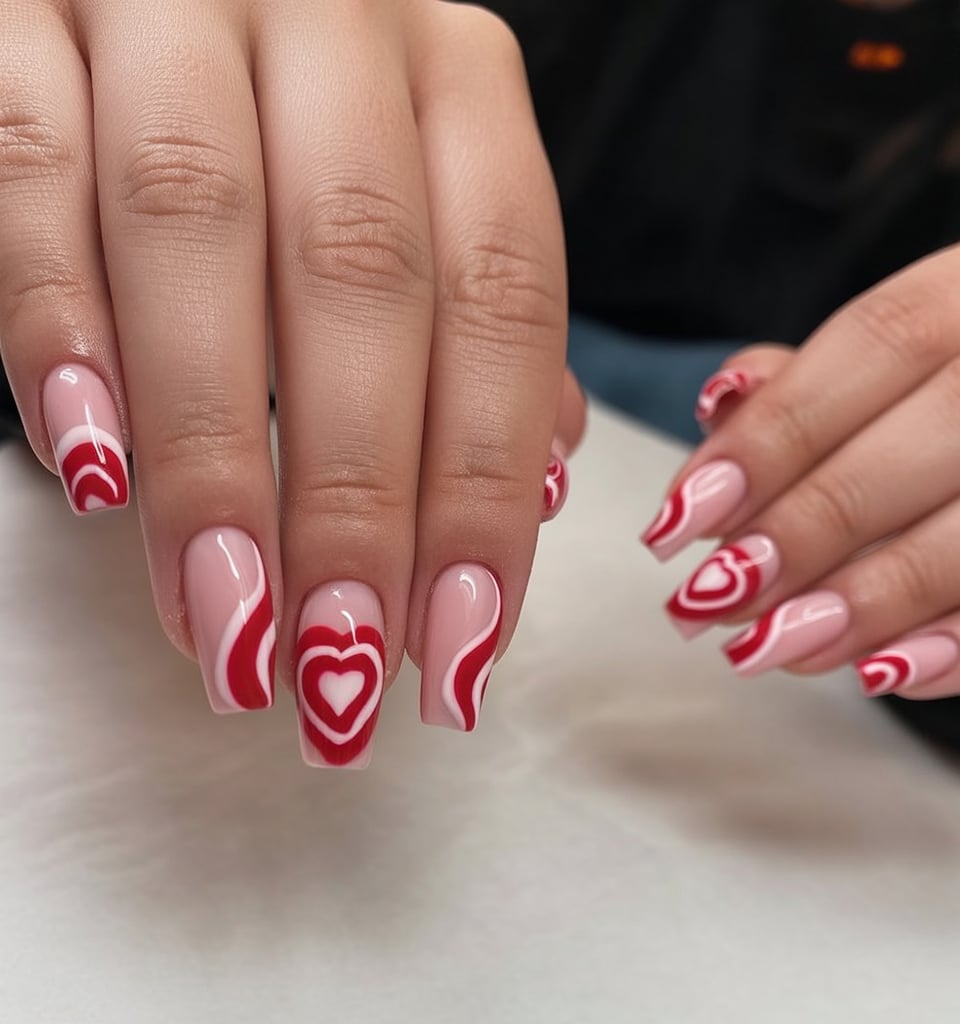Retro red heart waves nails
