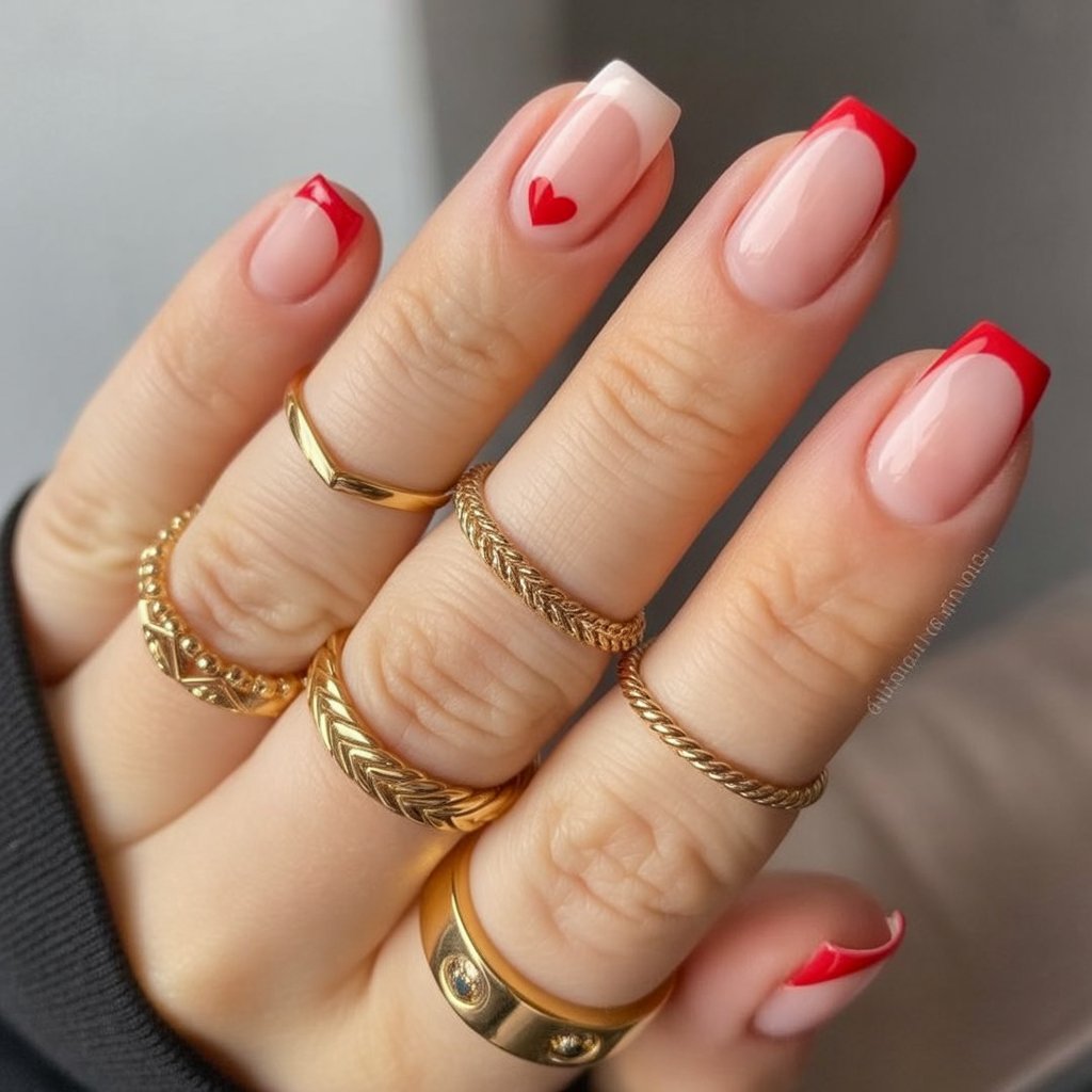 Minimal red heart french tip nails