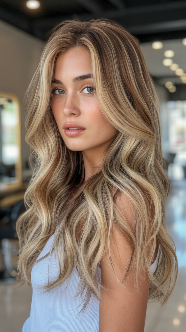 Glamorous dirty blonde waves with money piece