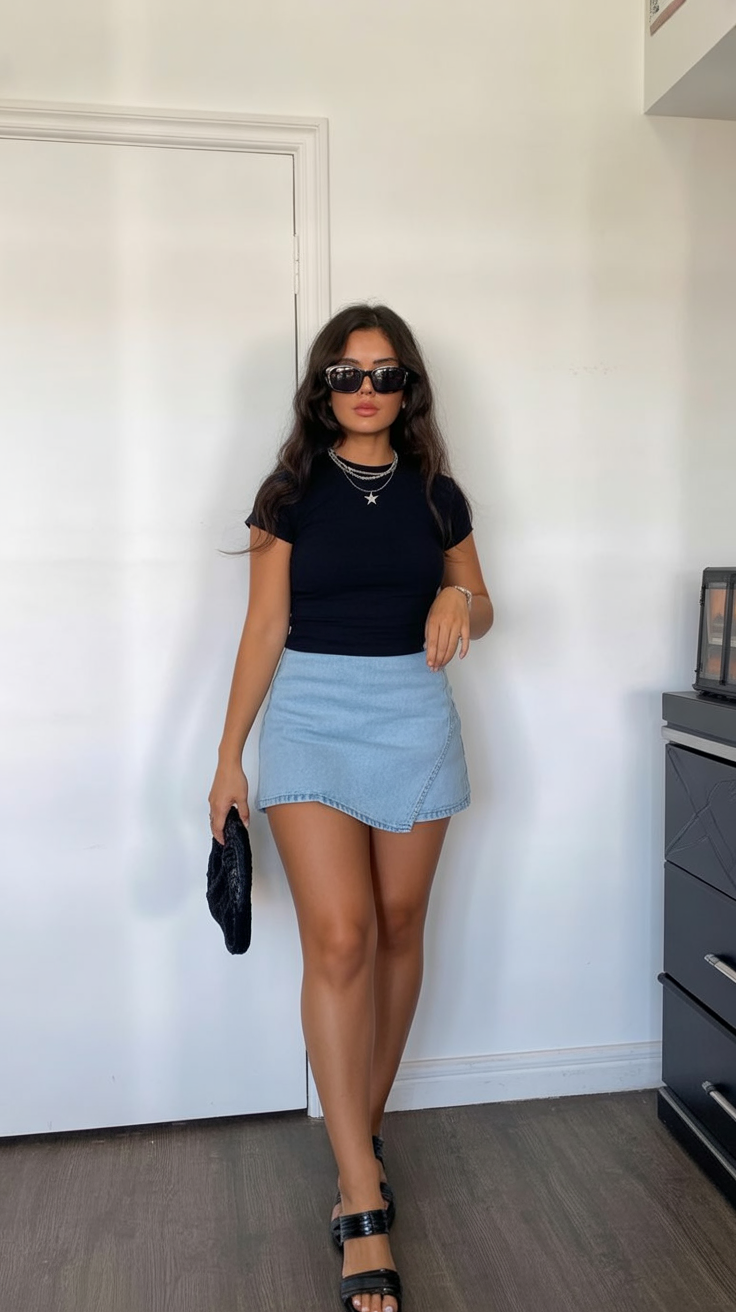 Black Tee with Denim Skirt
