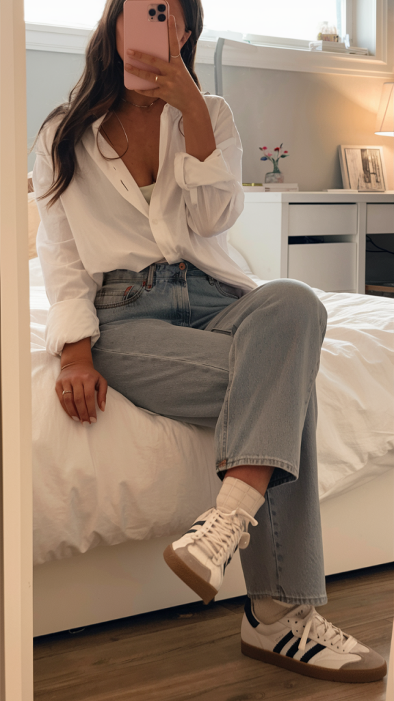 Denim and oversized white blouse