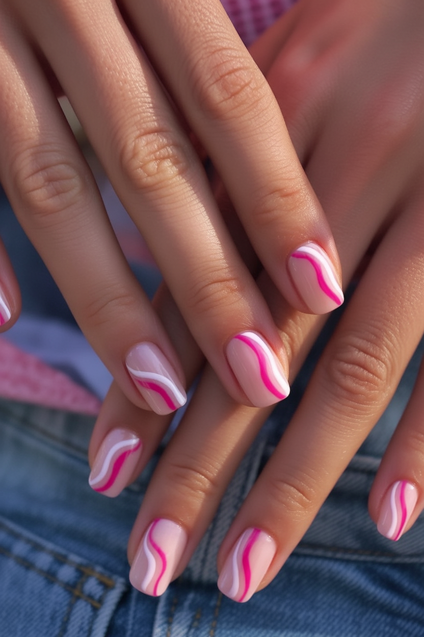 Wavy Pink And White Nail Art