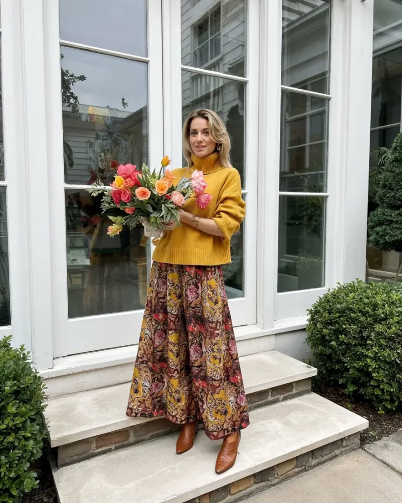 Warm toned sweater and flowing skirt