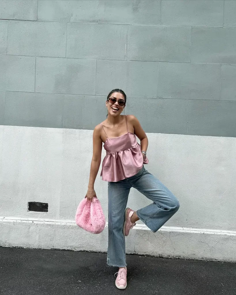 Satin top with jeans