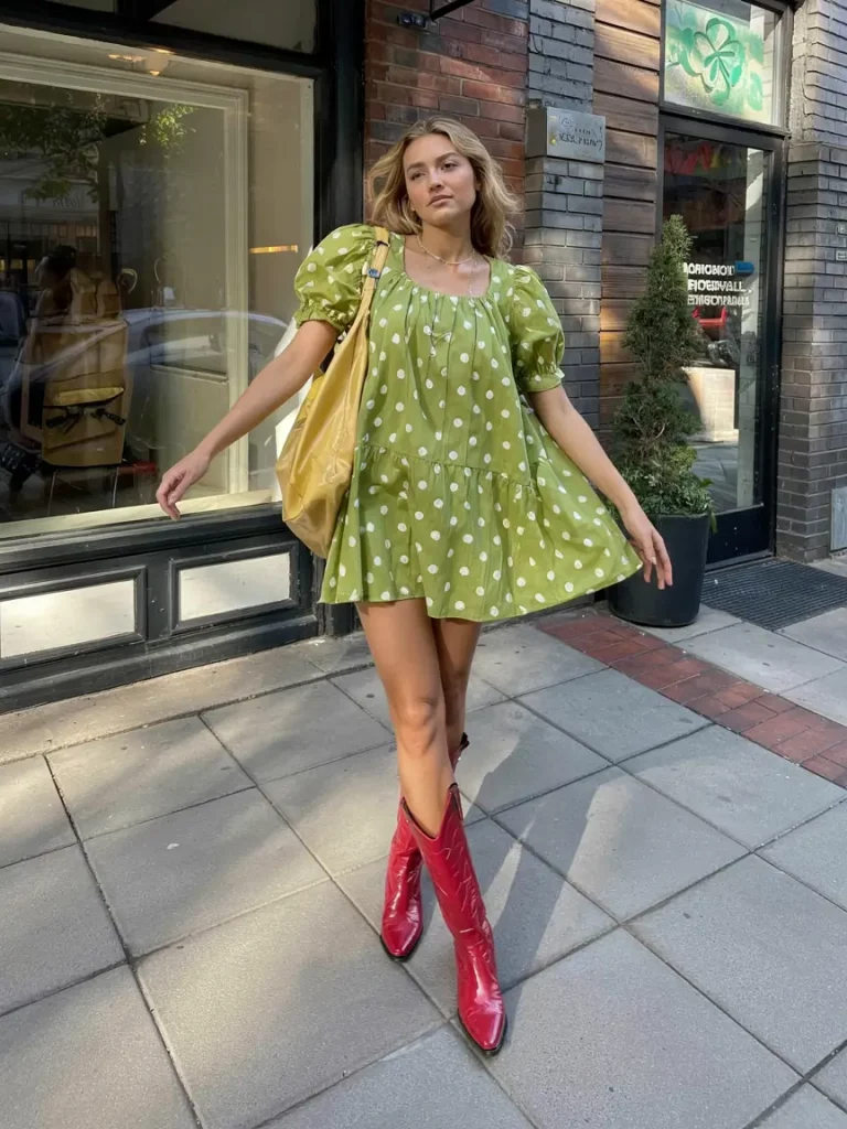 Green mini dress and bold boots