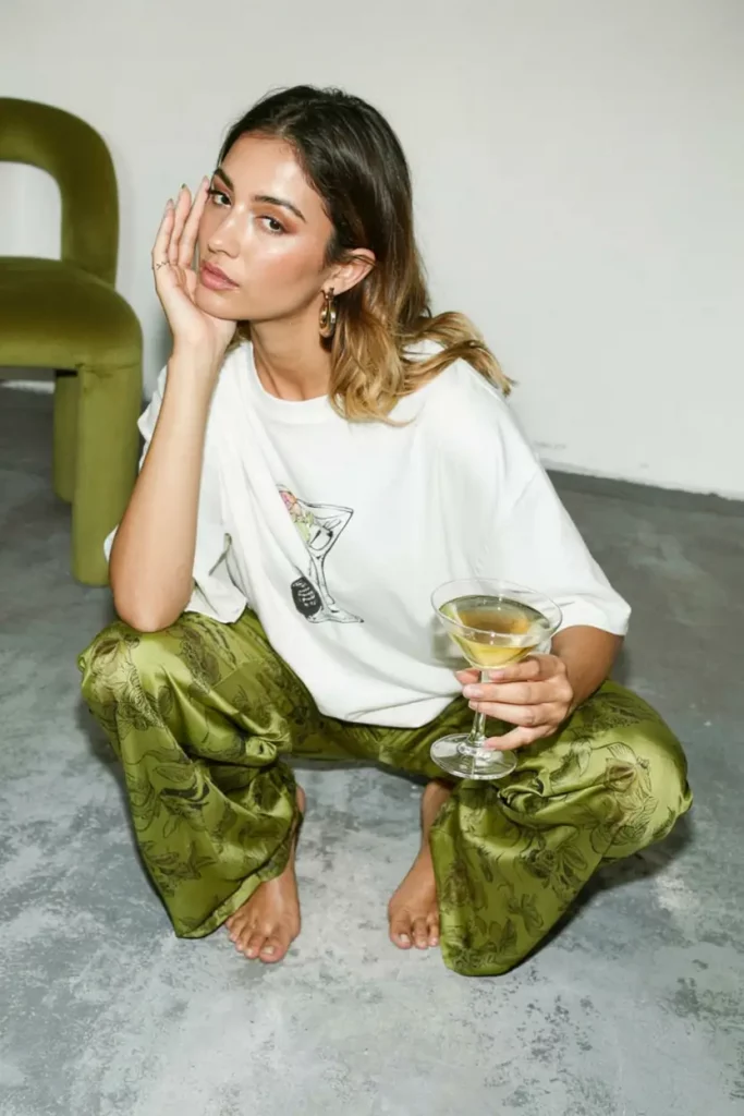 Patterned pants with simple tee