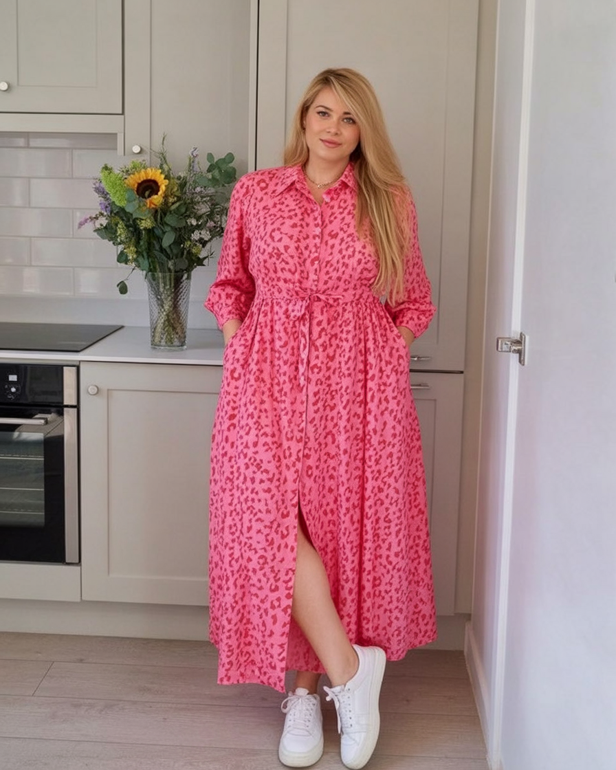 Pink shirt dress with sneakers