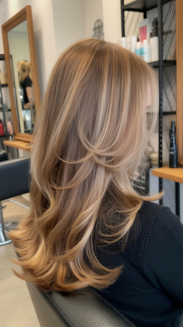 Layered dirty blonde blowout with golden ends