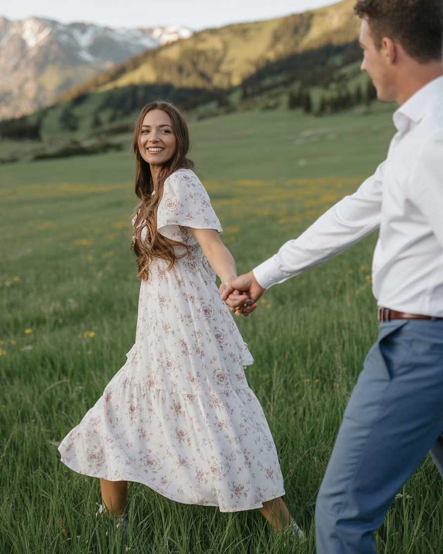 Flowing floral dress in open field
