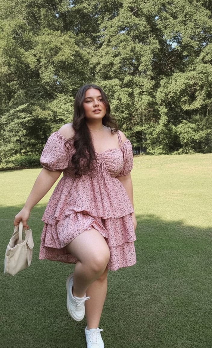 Tiered floral dress with sneakers