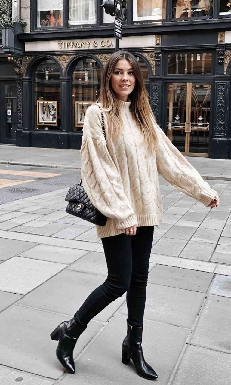 oatmeal cable knit with black jeans