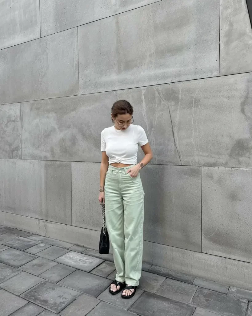 Mint denim and black sandals