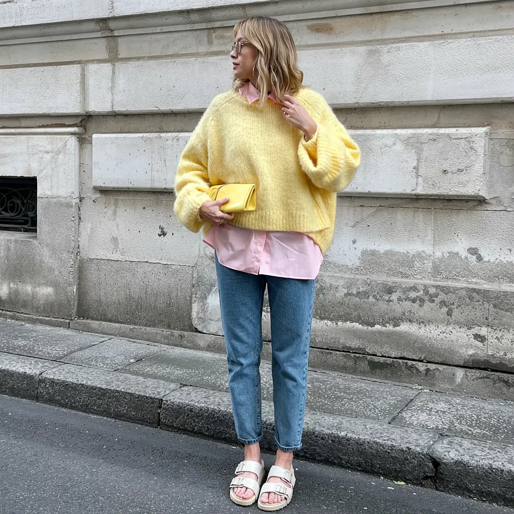 Soft pastel layers with sandals