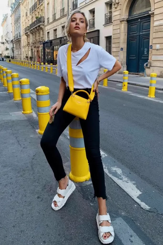 Bold yellow bag with sandals