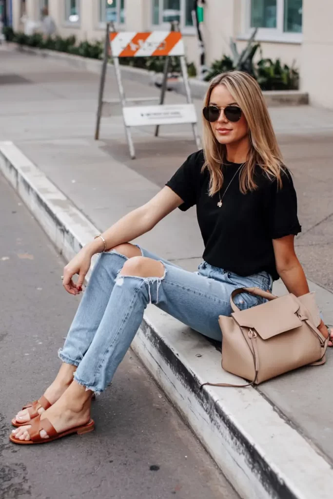 Casual outfit with tan slides