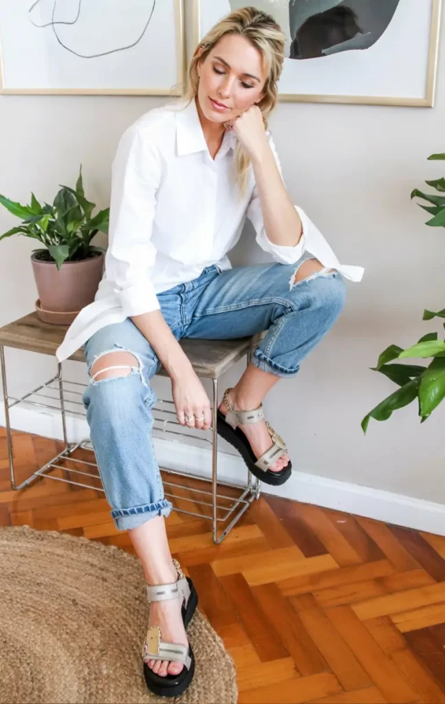 White shirt with metallic sandals