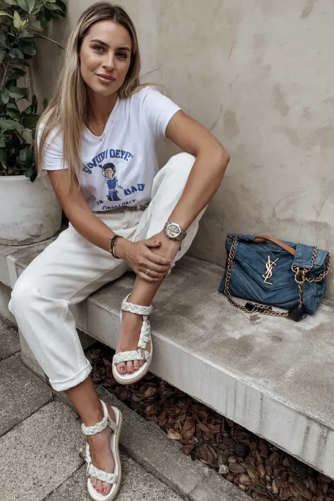 White trousers with braided sandals