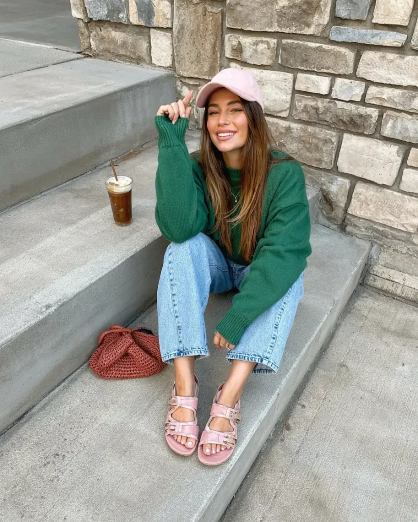 Green knit with blush sandals