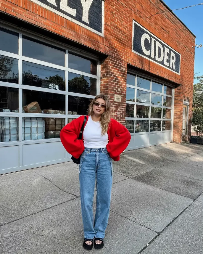 Red cardigan with black sandals