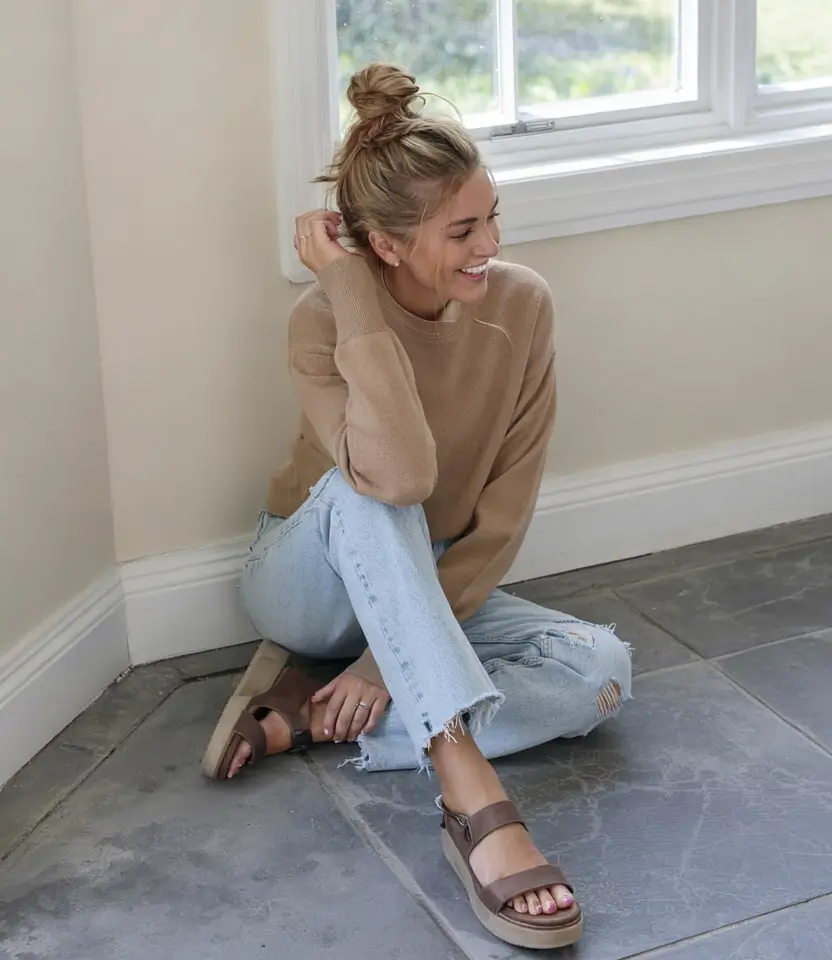 Neutral sweater and sandals