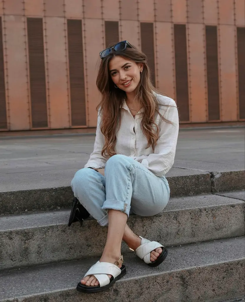 White shirt and denim with sandals